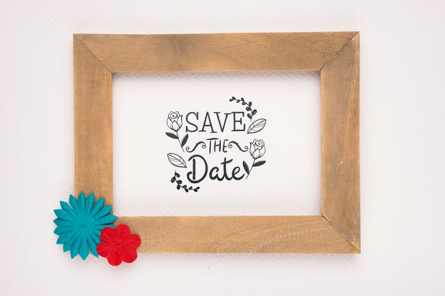 Free Save The Date Mock-Up Wooden Frame With Colourful Flowers Psd