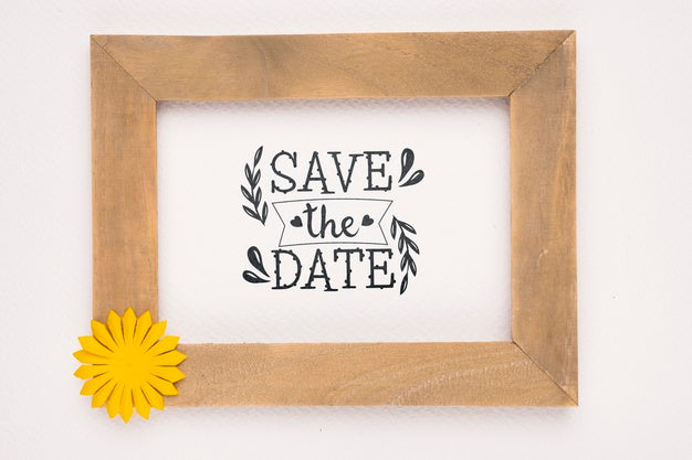 Free Save The Date Mock-Up Wooden Frame With Yellow Flower Psd