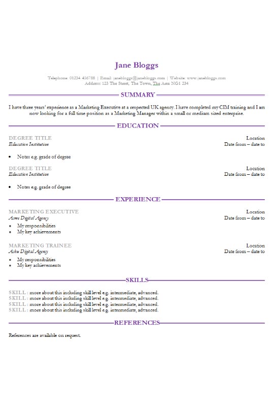 Free Simple Purple Microsoft Word (DOCX) CV or Resume Template