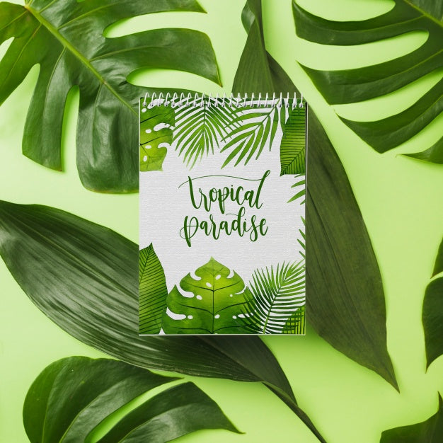 Free Spiral Notepad Mockup With Tropical Concept Psd