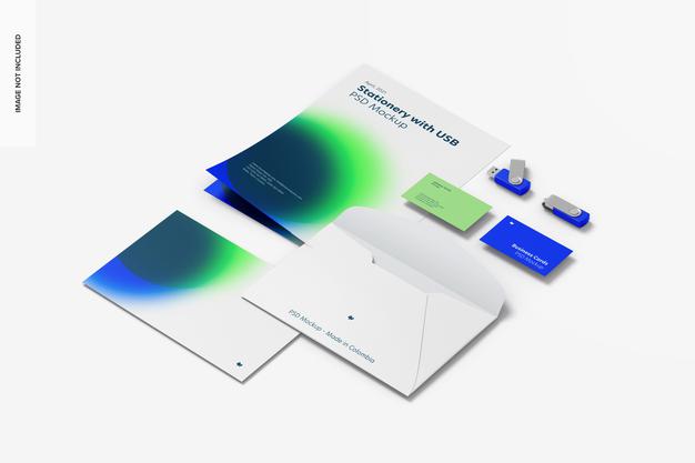 Free Stationery With Usb Flash Drives Mockup, Rigth View Psd