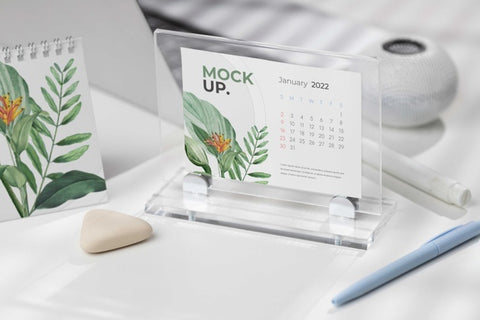 Free Table Display With Calendar Mockup In Real Life Psd