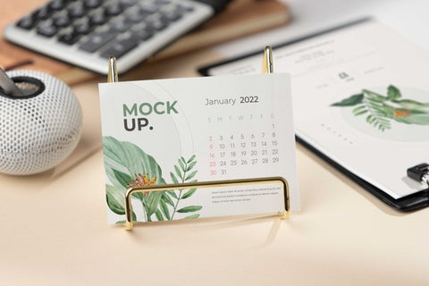 Free Table Display With Calendar Mockup In Real Life Psd