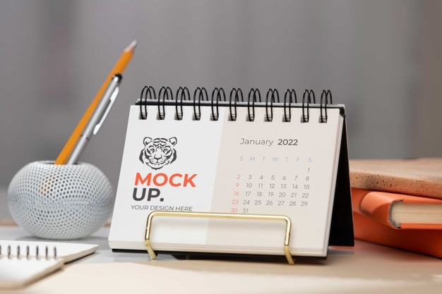 Free Table Display With Calendar Mockup In Real Life Psd