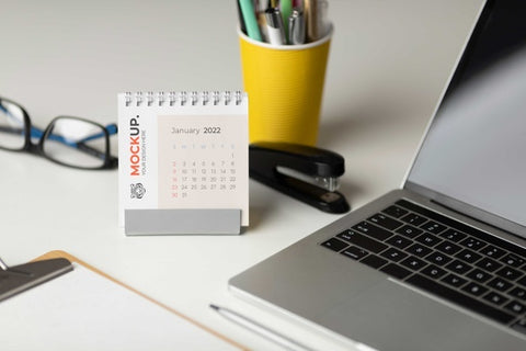 Free Table Display With Calendar Mockup In Real Life Psd