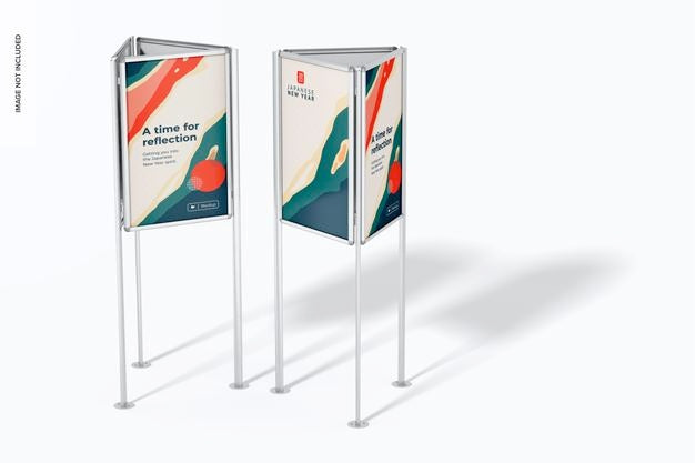 Free Three-Sided Poster Stands Mockup, Perspective Psd