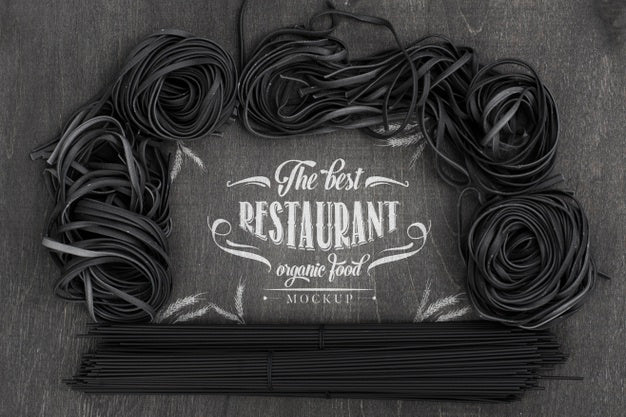 Free Top View Arrangement Of Dark Spaghetti Mock-Up Psd