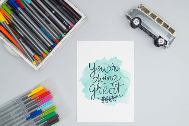 Free Top View Colorful Pens With Toy Car Psd
