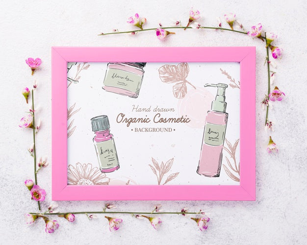 Free Top View Cosmetics Mockup With Flowers Psd