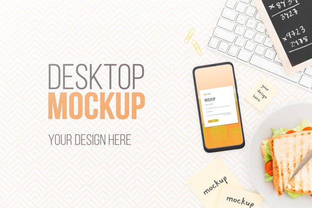 Free Top View Desk With Phone Mock-Up And Sandwich Psd