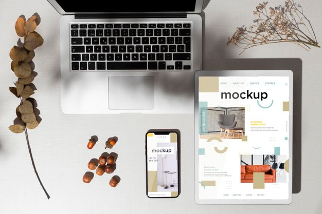 Free Top View Devices Mockup With Autumn Decor Psd