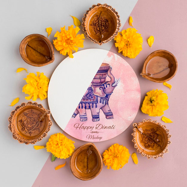 Free Top View Happy Diwali Festival Mock-Up Flowers And Candles Psd