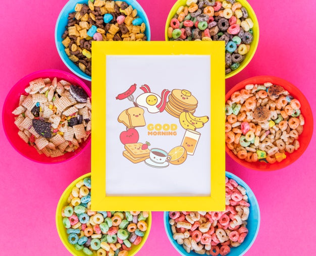 Free Top View Of Cereal Bowls And Frame With Pink Background Psd