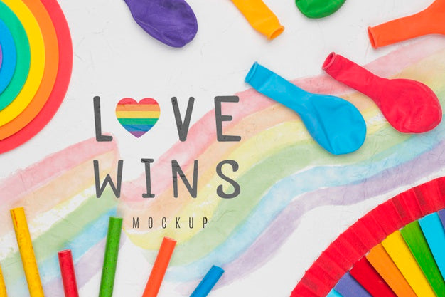 Free Top View Of Colorful Balloons And Rainbow Colors Psd