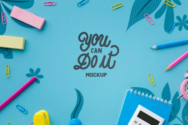 Free Top View Of Desk With Calculator And Erasers Psd