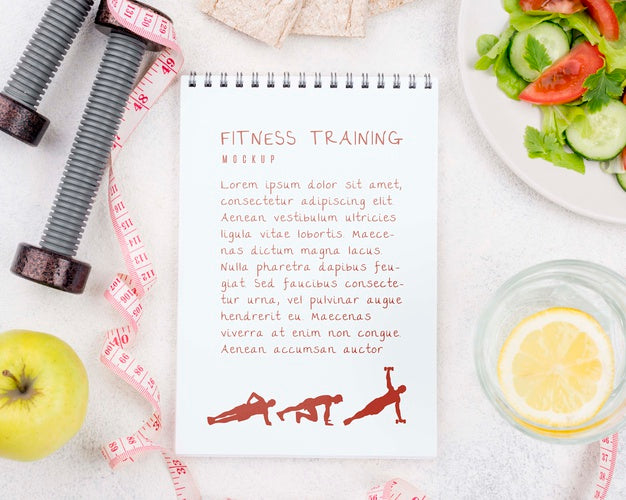 Free Top View Of Fitness Notebook With Weights And Apple Psd