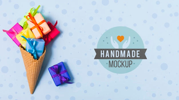 Free Top View Of Ice Cream Cone With Presents And Copy Space Psd