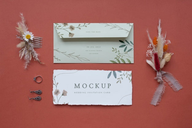 Free Top View Of Mock-Up Rustic Paper Wedding Invitation With Leaves And Flowers Psd