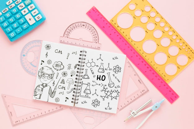 Free Top View Of Notebook With Rulers And Calculator Psd