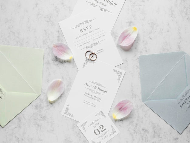 Free Top View Of Wedding Cards With Rings And Flower Petals Psd