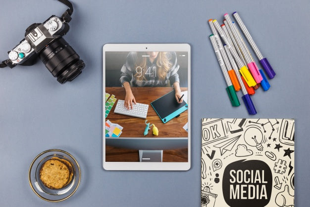 Free Top View Tablet Mockup With Desk Elements Psd