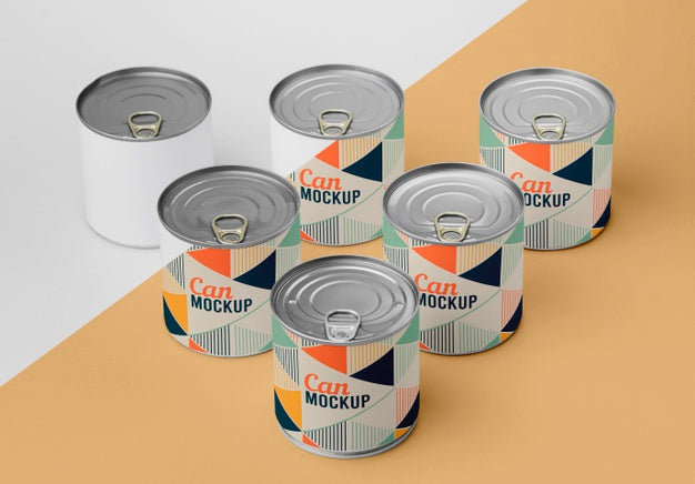 Free Top View Tin Cans Arranged On Table Psd