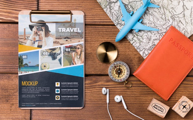 Free Top View Travel Mock-Up With Toy Plane Psd