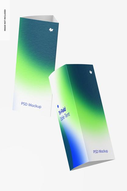 Free Tri-Fold Table Tents Mockup, Falling Psd
