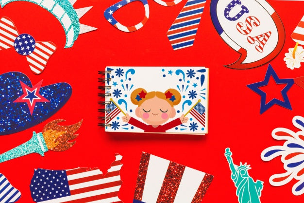 Free Usa Independence Day Mockup With Spiral Notepad Psd