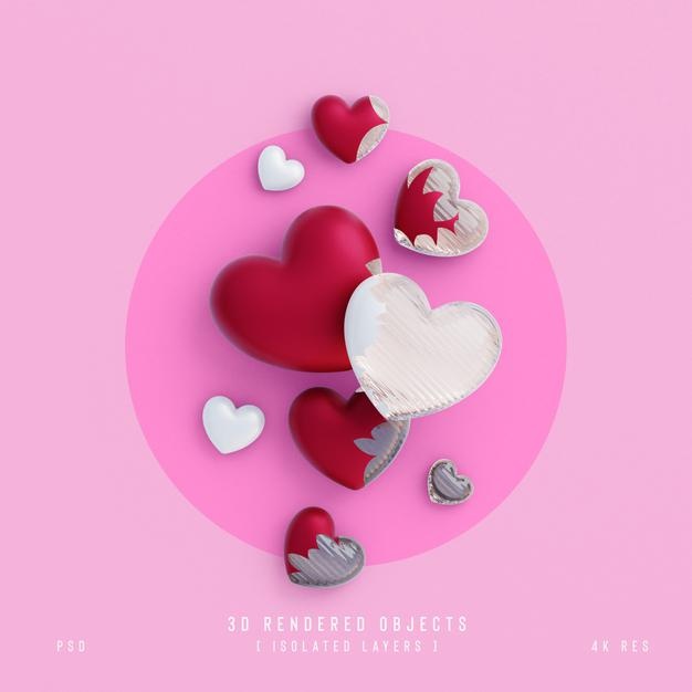 Free Valentines Day Cute Love Hearts Decorative Composition Isolated And Transparent 3D Rendering Psd