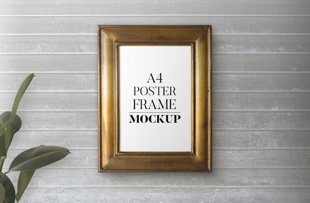 Free Vintage Golden Frame Over Wooden Wall Mockup Psd