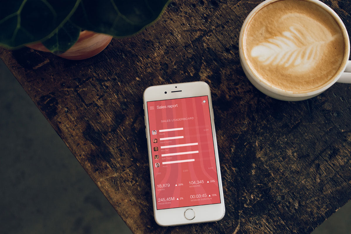 Free White iPhone 8 Mockup with Coffee Mug on Vintage Wooden Table