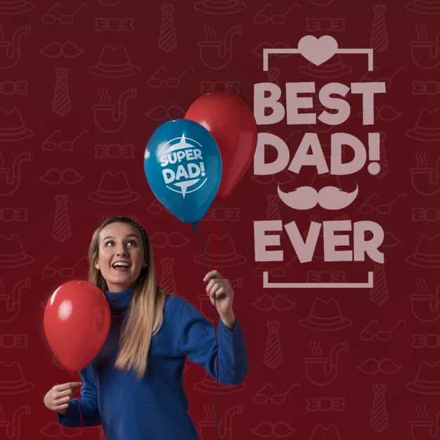 Free Woman Holding Balloons Mock-Up On Burgundy Background Psd