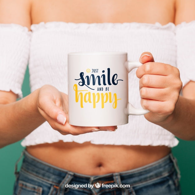 Free Woman Holding Coffee Mug Mockup Psd