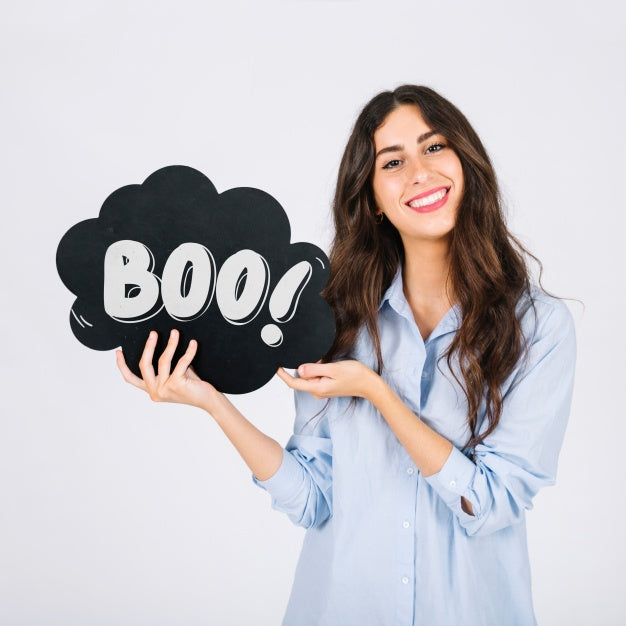 Free Woman Holding Speech Bubble Slate Psd