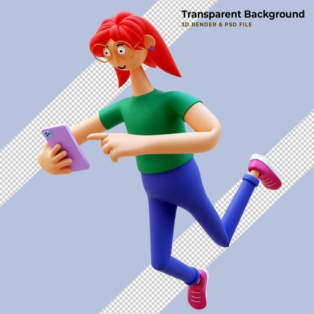 Free Woman Smiling At Her Phone. Female Character Holding Phone With Like Popping Up On The Mobile Screen. Mockup 3D Illustration Psd