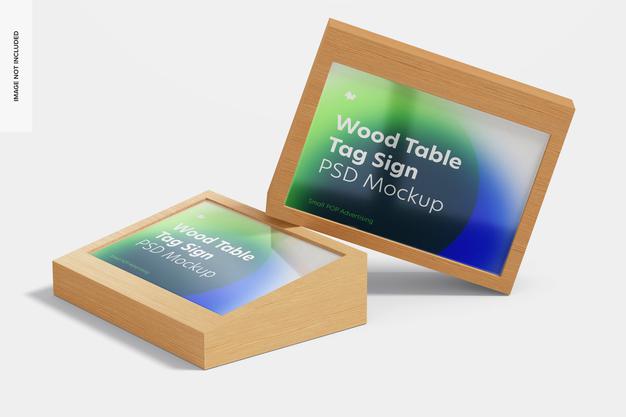 Free Wood Table Advertising Tag Signs Mockup Psd