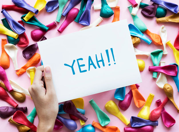 Free Yeah! Text On Paper And Party Balloons Colorful Party Concept Psd