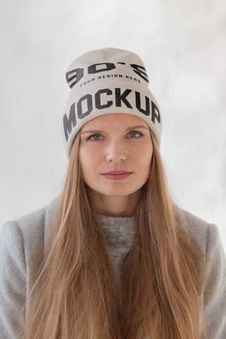 Free Young Woman Wearing Beanie Mockup Psd