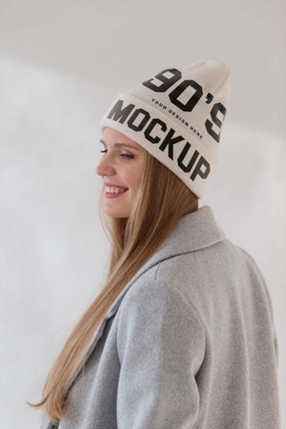 Free Young Woman Wearing Beanie Mockup Psd
