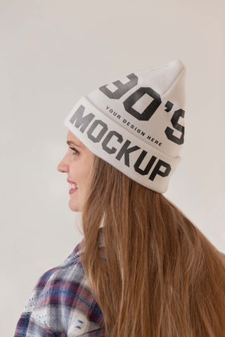 Free Young Woman Wearing Beanie Mockup Psd