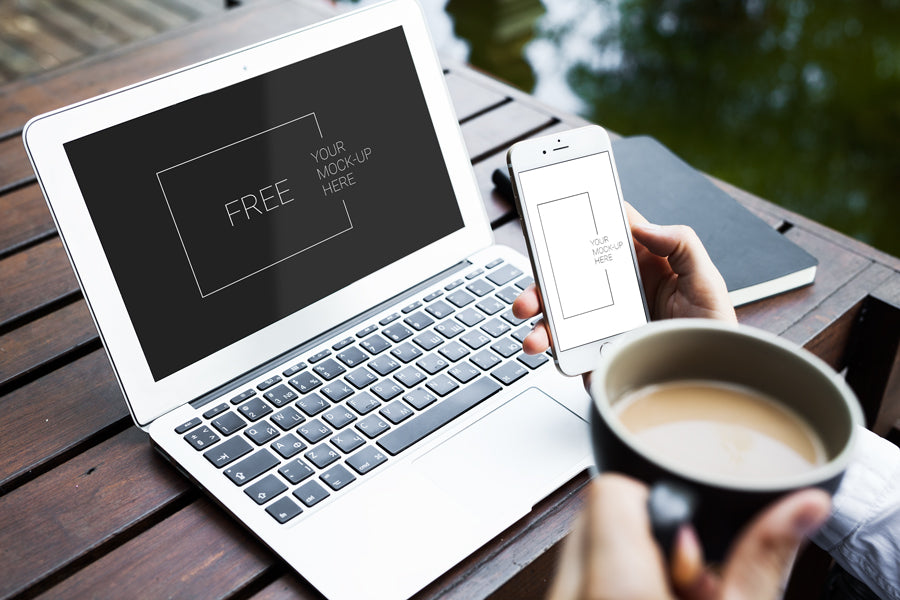 Free Macbook and iPhone 6 in Cafeteria Mockup