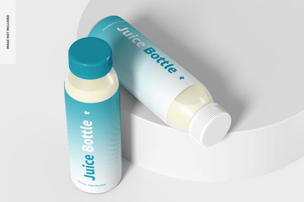 Free 10 Oz Clear Pet Juice Bottles Mockup, Perspective View Psd