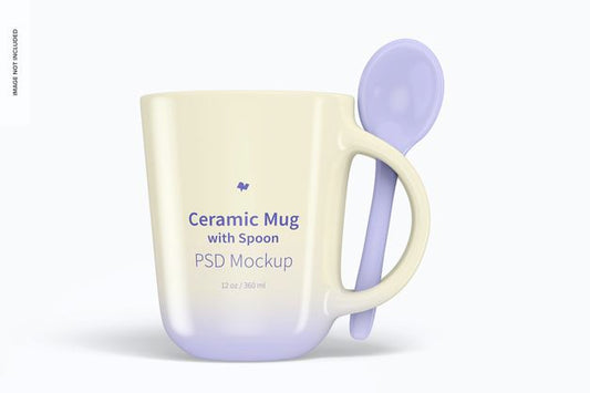 Free 12 Oz Ceramic Mug With Spoon Mockup Psd