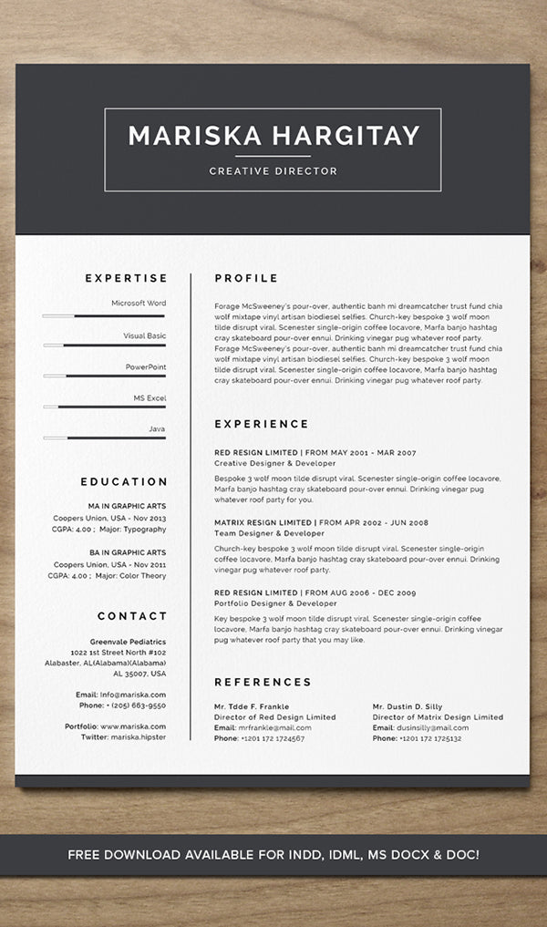 Free High End Resume CV for Microsoft Word and Indesign Format