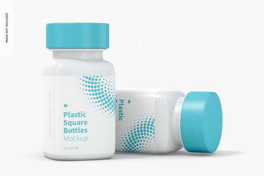 Free 2 Oz Plastic Square Bottles Mockup, Dropped Psd