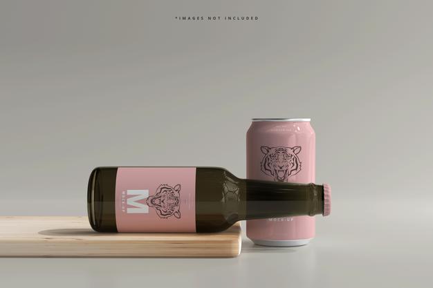 Free 330Ml Medium Size Soda Or Beer Can And Bottle Mockup Psd