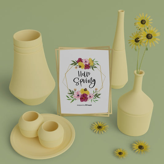 Free 3D Vases And Spring Card On Table Psd
