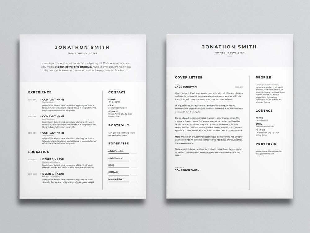 Free Clean and Minimal Resume CV Template with Cover Letter in Photoshop (PSD) and Illustrator (AI) Formats