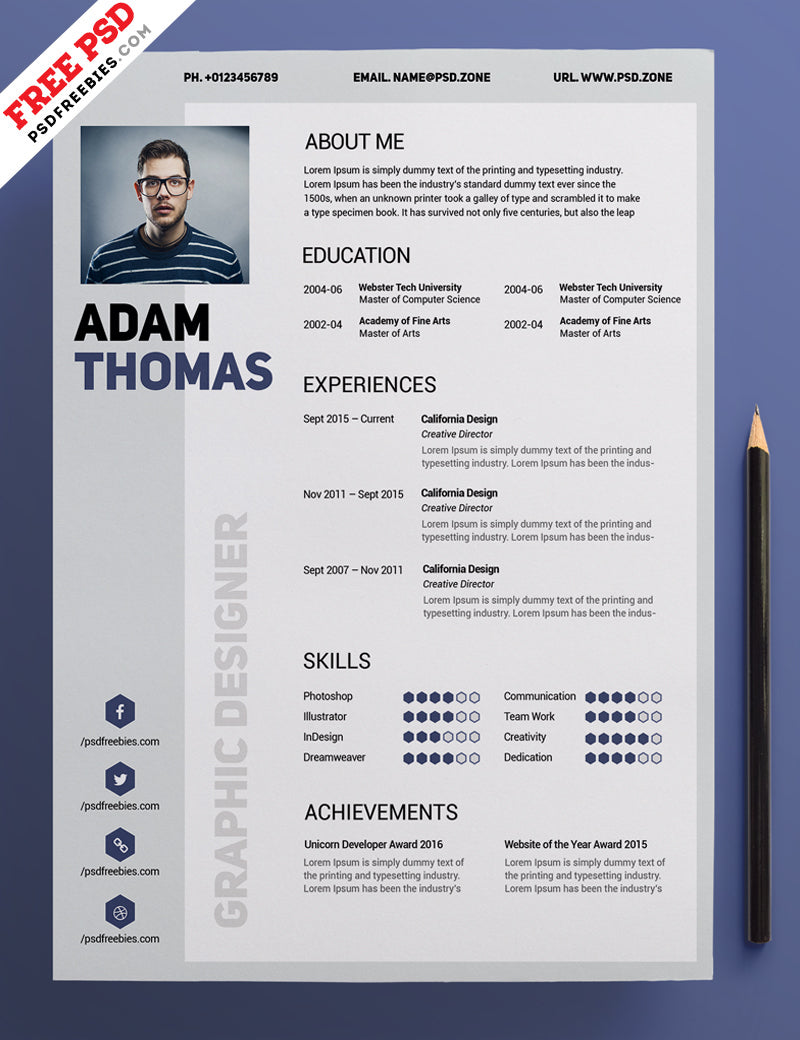 Free Clean and Minimal CV Resume Template in Photoshop (PSD) Format